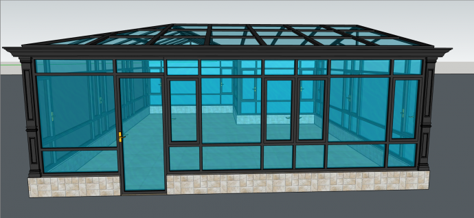 现代蓝色玻璃黑色框架一层阳光房独栋别墅SU模型_图1