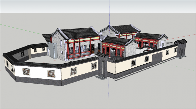 新中式四合院中式建筑带围墙SU模型-图一