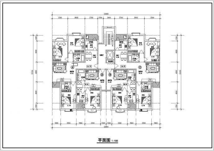 342平方米小高层电梯一梯四户住宅户型设计cad图（含效果图）_图1