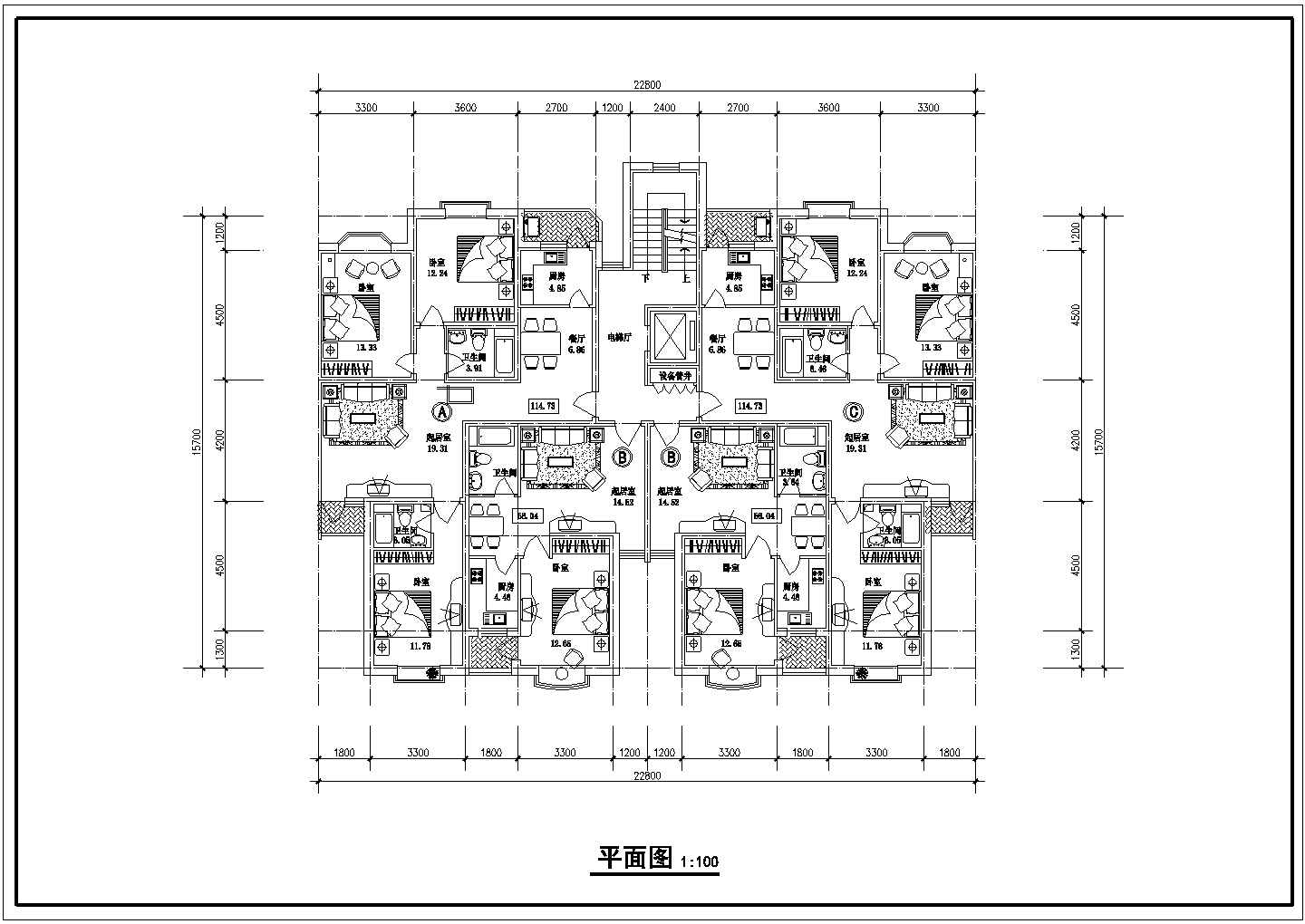 342平方米小高层电梯一梯四户住宅户型设计cad图（含效果图）