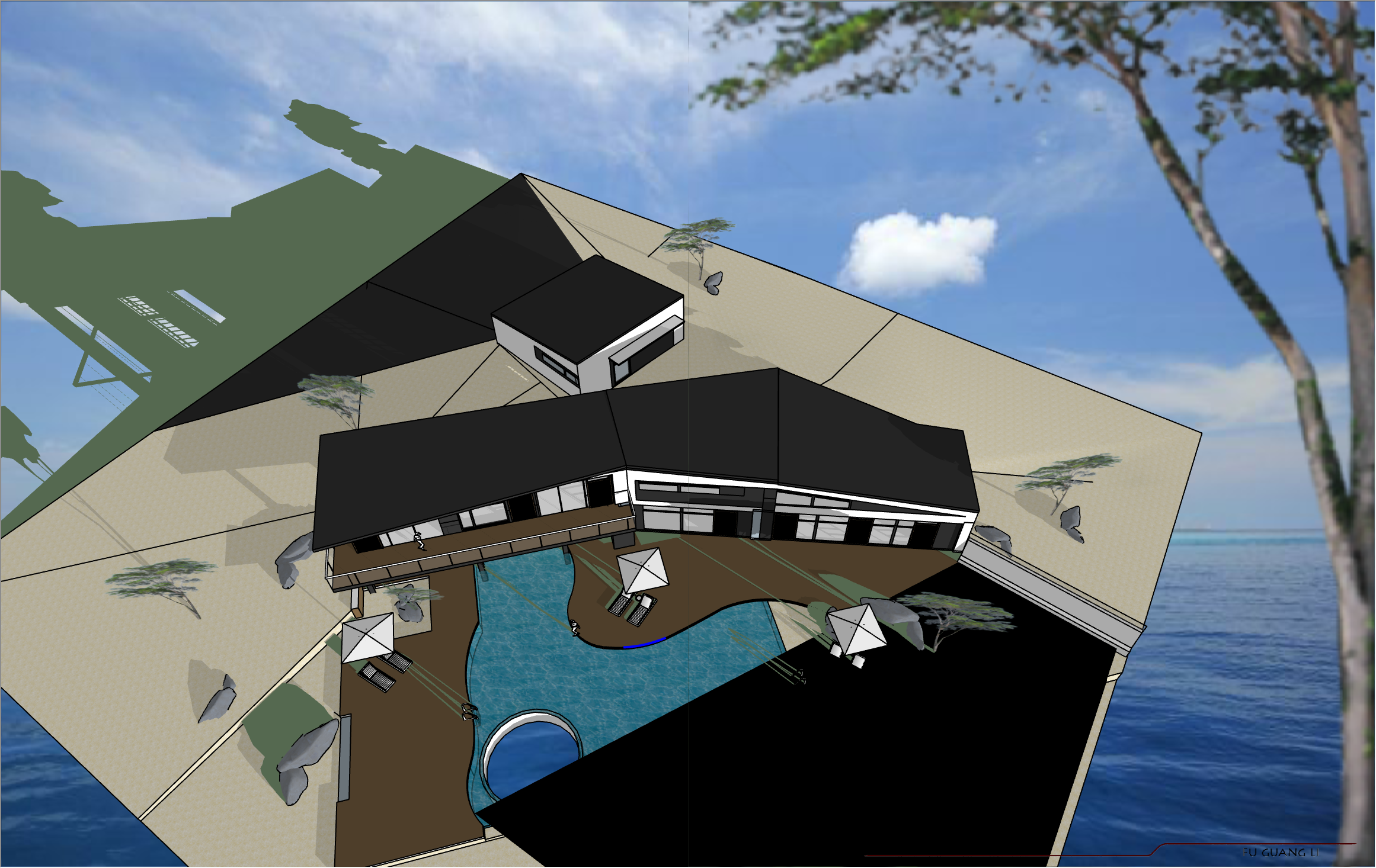 豪华现代风格度假别墅海洋建筑SU模型-图二