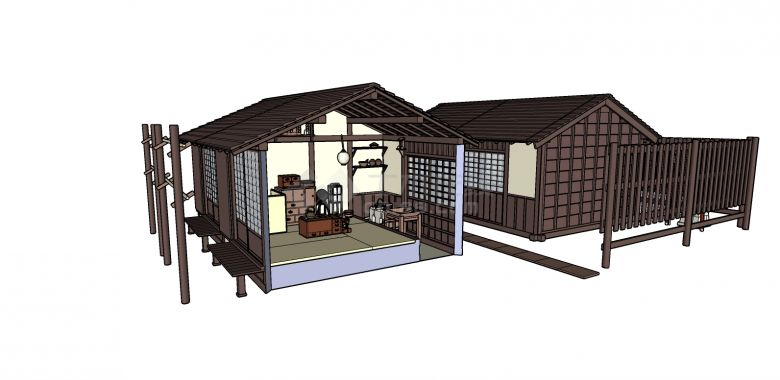 江户时代围墙两间日式古屋SU模型-图二