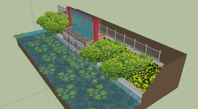 中式水景墙荷花池塘SU模型_图1