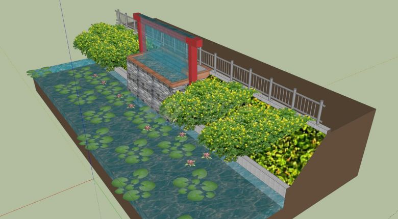 中式水景墙荷花池塘SU模型-图一