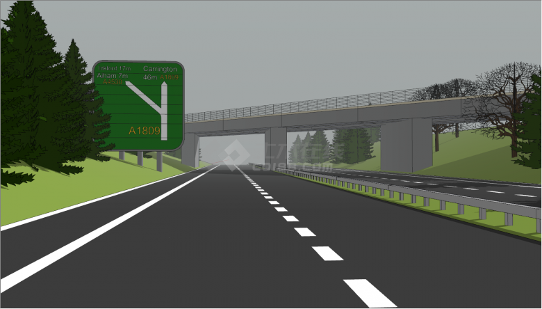 有植树木的高速大桥梁公路和路标su模型-图二