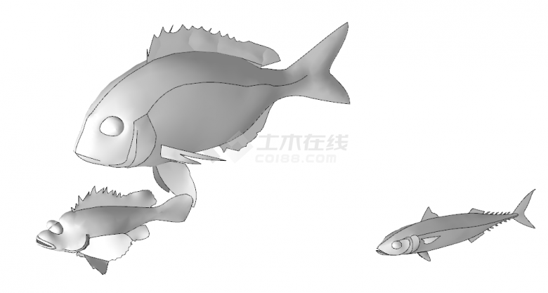 灰色的三条大海鱼雕塑的小品海洋生物su模型-图二