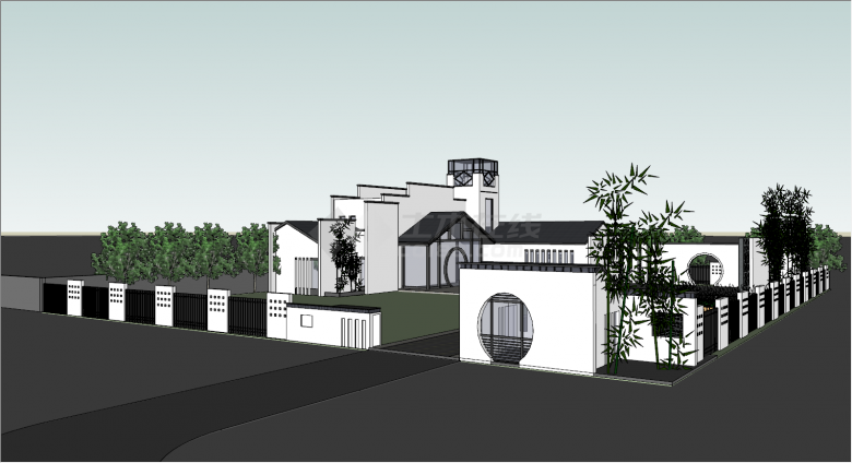新中式风格建筑景观庭院布置设计方案SU模型-图一