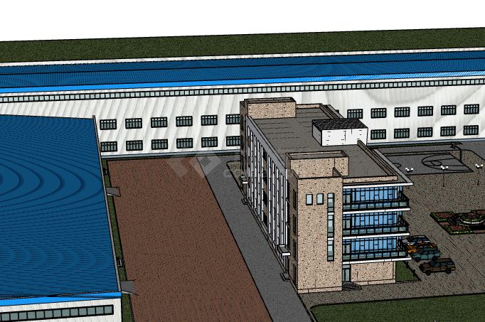 蓝色两层现代工业园su模型-图二