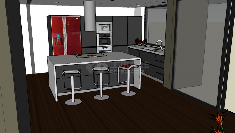 复古红灰色高格调的厨房空间 su模型-图二