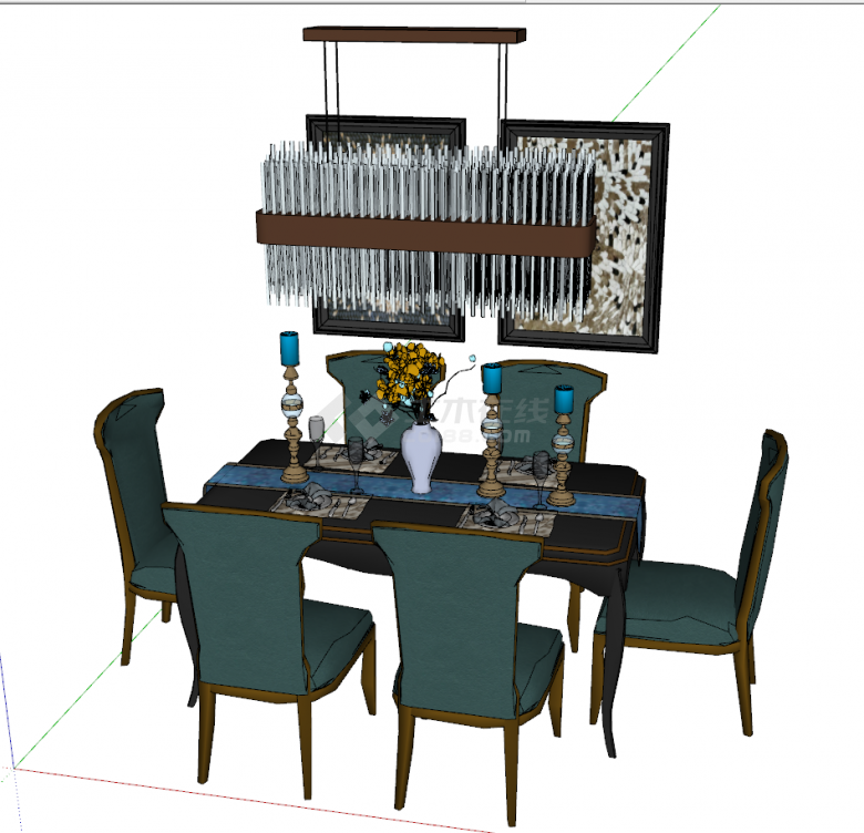 带有精致的大吊灯和深绿色椅子餐厅空间su模型-图二