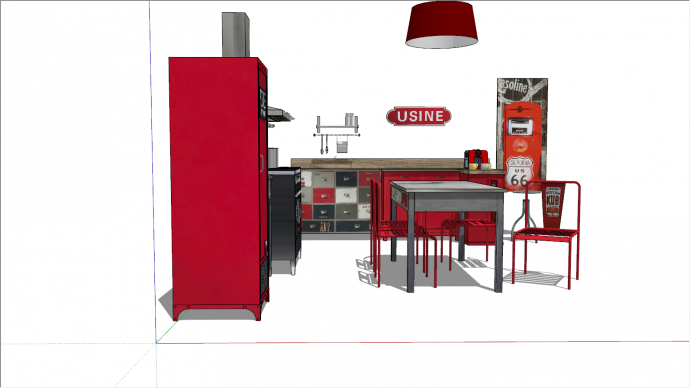 红色小型美式厨房su模型_图1