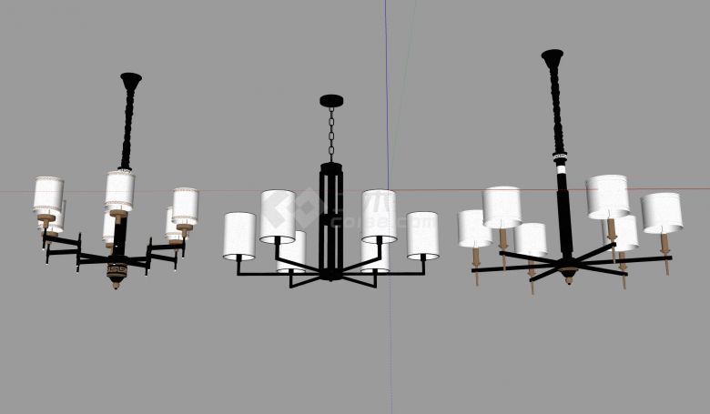 黑色灯杆白色高灯罩中式吊灯组合su模型-图一