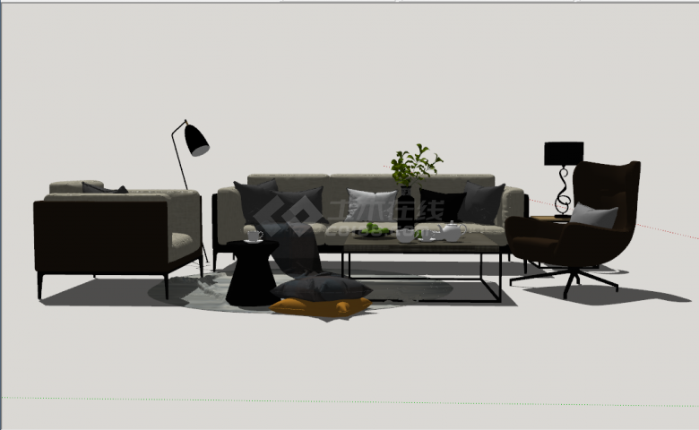 现代黑灰色系三人组合沙发su模型-图一