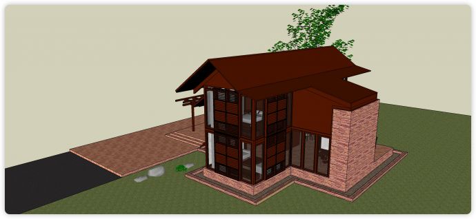 红色实木结构别墅su模型_图1