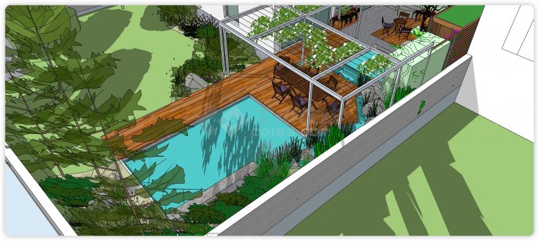 铁架攀藤水池景观参考庭院su模型-图一