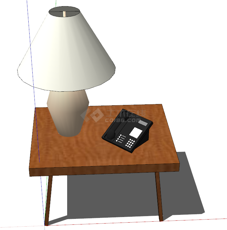 放有台灯和电话的实木茶几su模型-图二