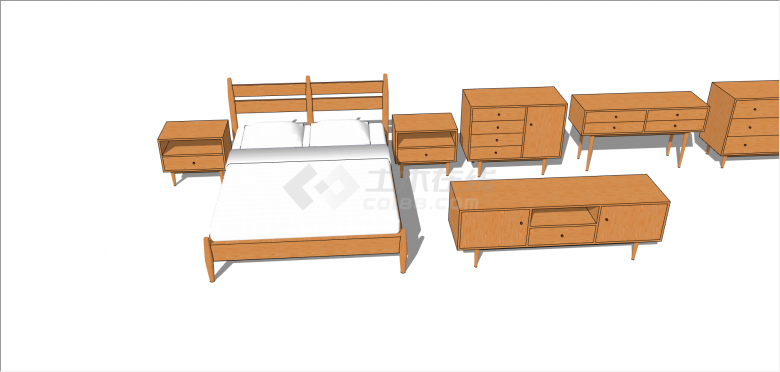 木制床头柜床的组合su模型-图一