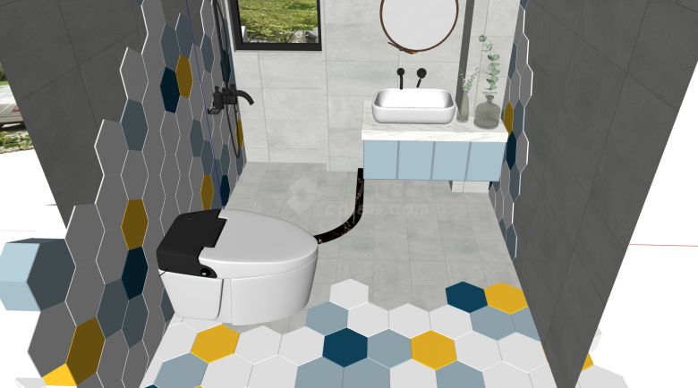 现代卫生间六边形彩色地砖灰色墙面砖洗手台马桶组合su模型-图二