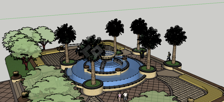 现代小型带喷泉园林广场公园su模型-图一