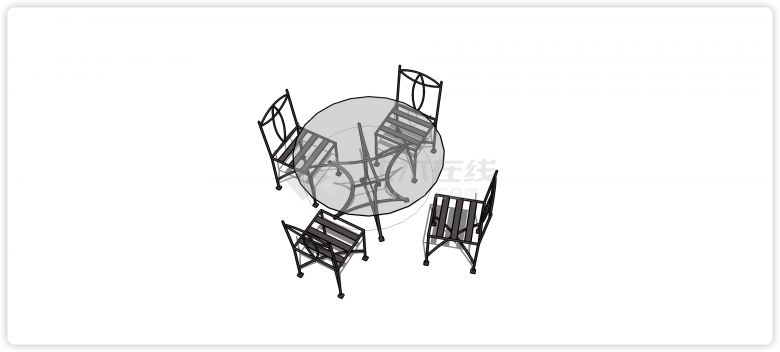 铁艺镂空靠背椅玻璃桌面圆形桌组合su模型-图二