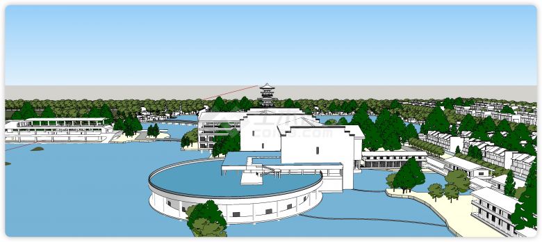 湖泊古建筑风景规划su模型-图二
