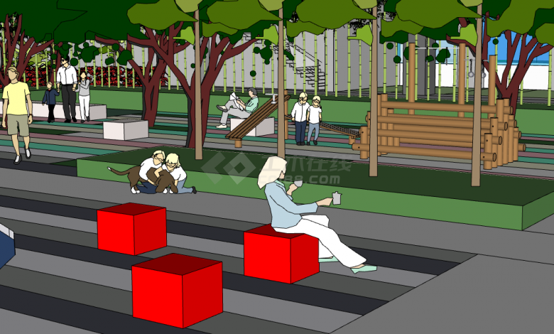 红椅子现代小区景观设计SketchUp表现su模型-图一