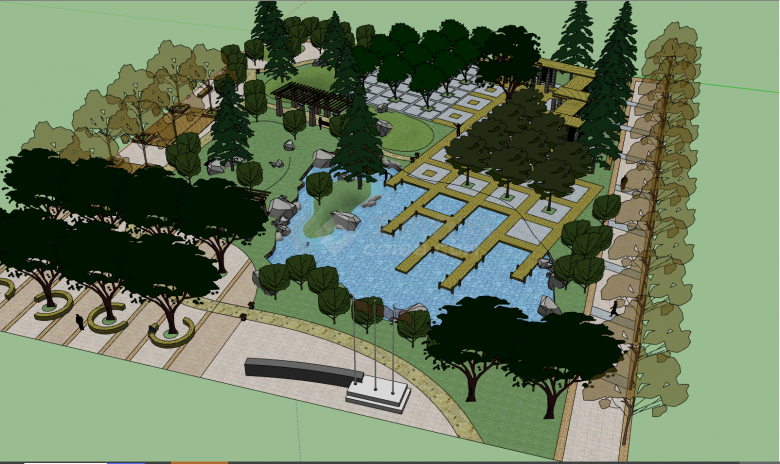 带有茂密的大树的人工湖的公园景观建筑su模型-图一