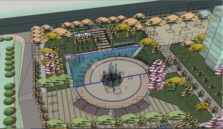 带有喷泉带有绿色的植物的公园景观建筑su模型-图二