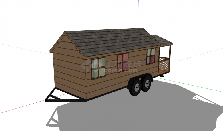 棕色斜顶木屋造型拖挂房车su模型-图二