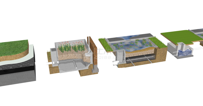 造型不一的现代雨水花园结构示意图su模型-图一