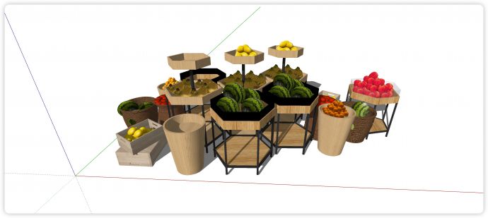 六角形实木摆放区生鲜果蔬货架su模型_图1