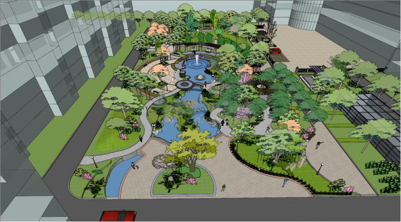 带有树花草树木小河小区的公园景观建筑 su模型-图二