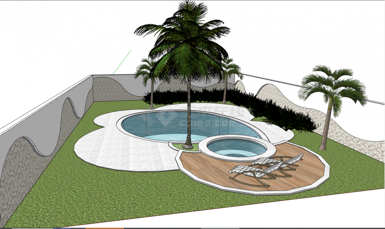 带有高大的椰子树的环境优美的庭院游泳池su模型-图一