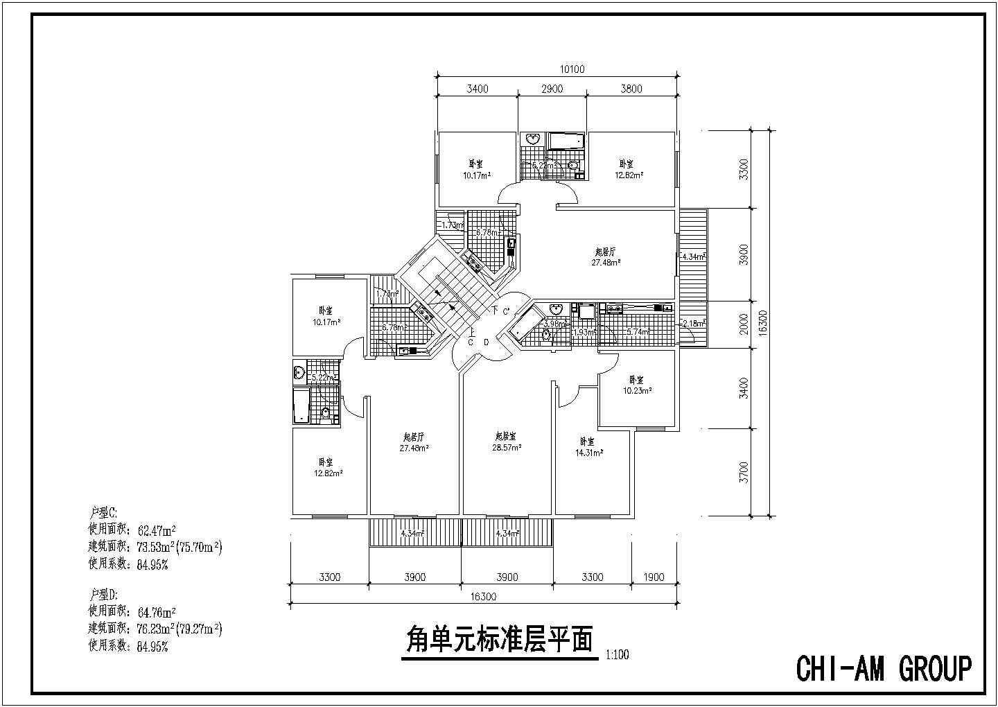 83平方米小高层转角单元一梯住宅户型设计cad图(含效果图)