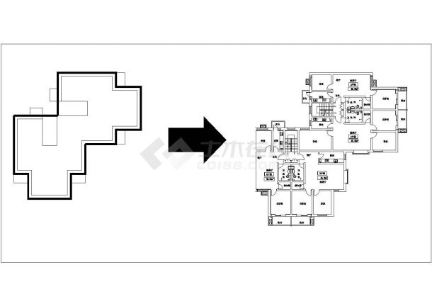 340平方米多层转角户型两梯四户住宅户型设计cad图(含效果图)-图一