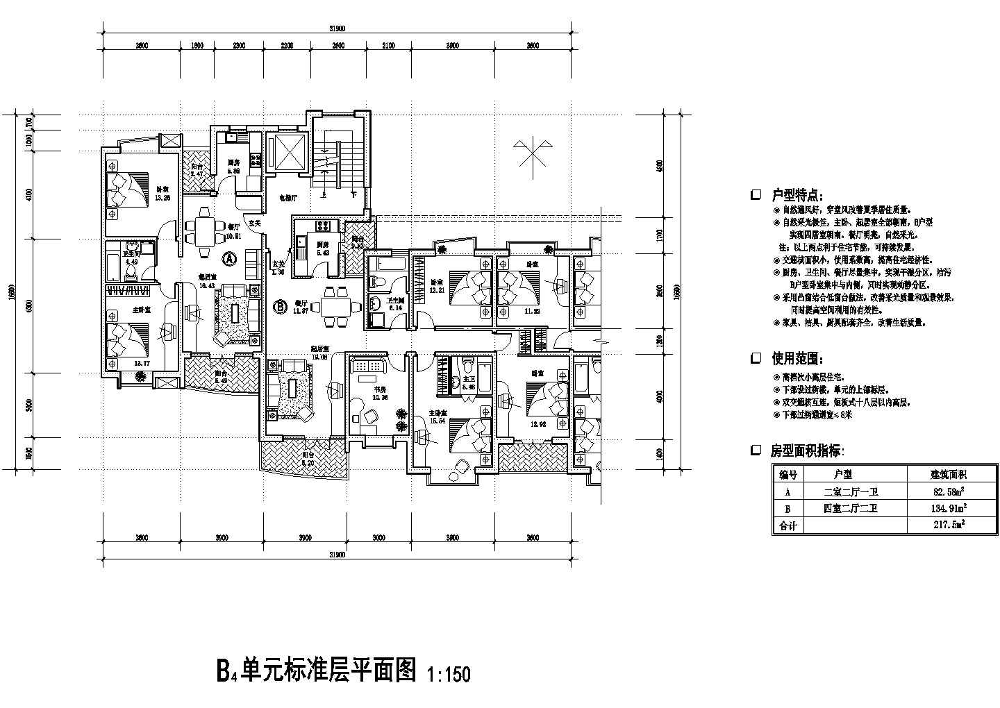 217平方米多层转角一梯两户住宅户型设计cad图(含效果图)