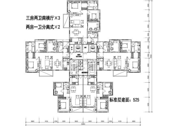 525平方米高层一梯五户住宅户型设计cad图(含效果图)-图一