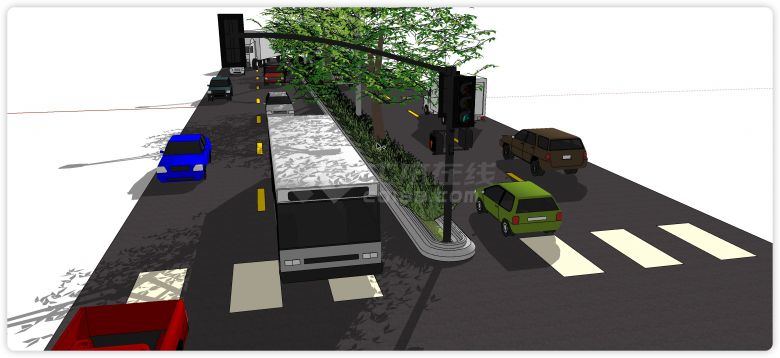中间绿化带双向四车道道路公路su模型-图一