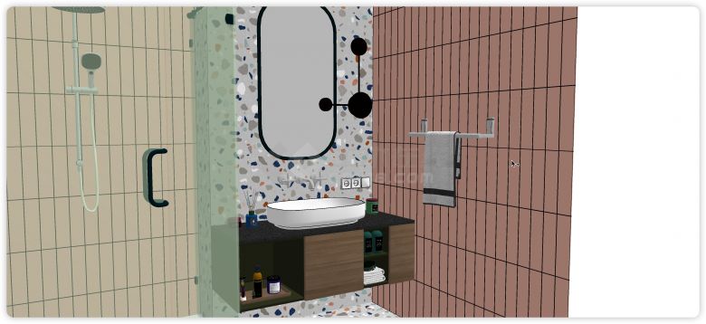 玻璃淋浴房水磨石洗手间墙面现代北欧浴室卫生间su模型-图二