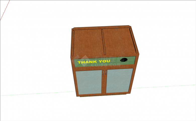 带绿底黄色英文“谢谢”标记，木质结构蓝色柜门垃圾箱su模型-图二