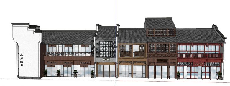  新中式古建筑民宿商业街su模型-图二