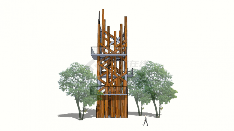 木板围栏楼梯瞭望塔建筑物su模型-图一