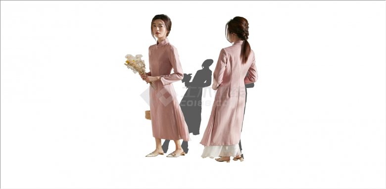 新中式粉色旗袍款穿搭人物su模型-图二