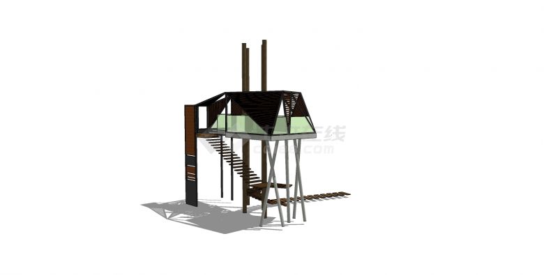 木制楼梯玻璃围栏瞭望塔su模型-图二