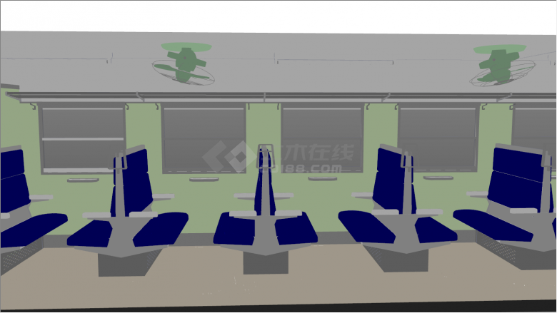 绿色电风扇蓝色座椅列车内部su模型-图二