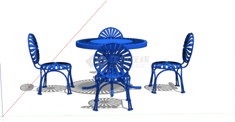 蓝色的四椅一桌的户外座椅 su模型-图二