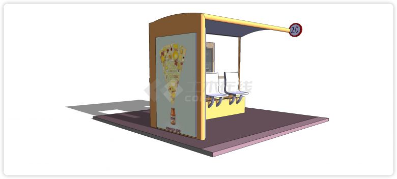 黄色主体靠背座椅现代公交车站su模型-图二