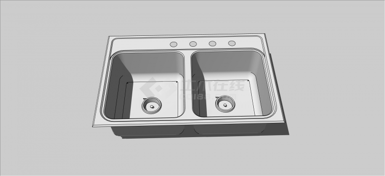 现代卫浴厨房两个洗碗盆组合su模型-图二