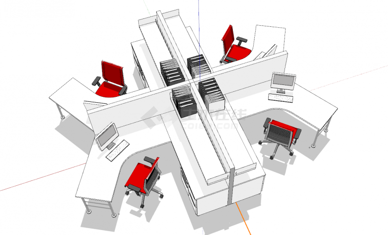 四座办公室办公桌椅组合su模型-图二