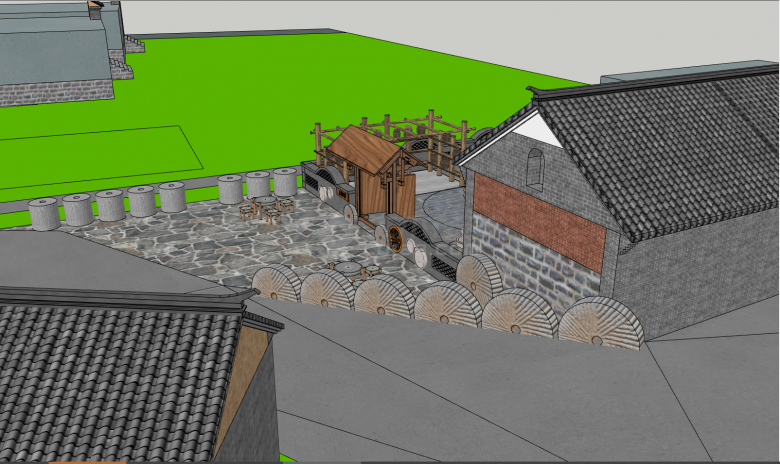 带有中式建筑的具有乡村文化的 石磨巷su模型-图一